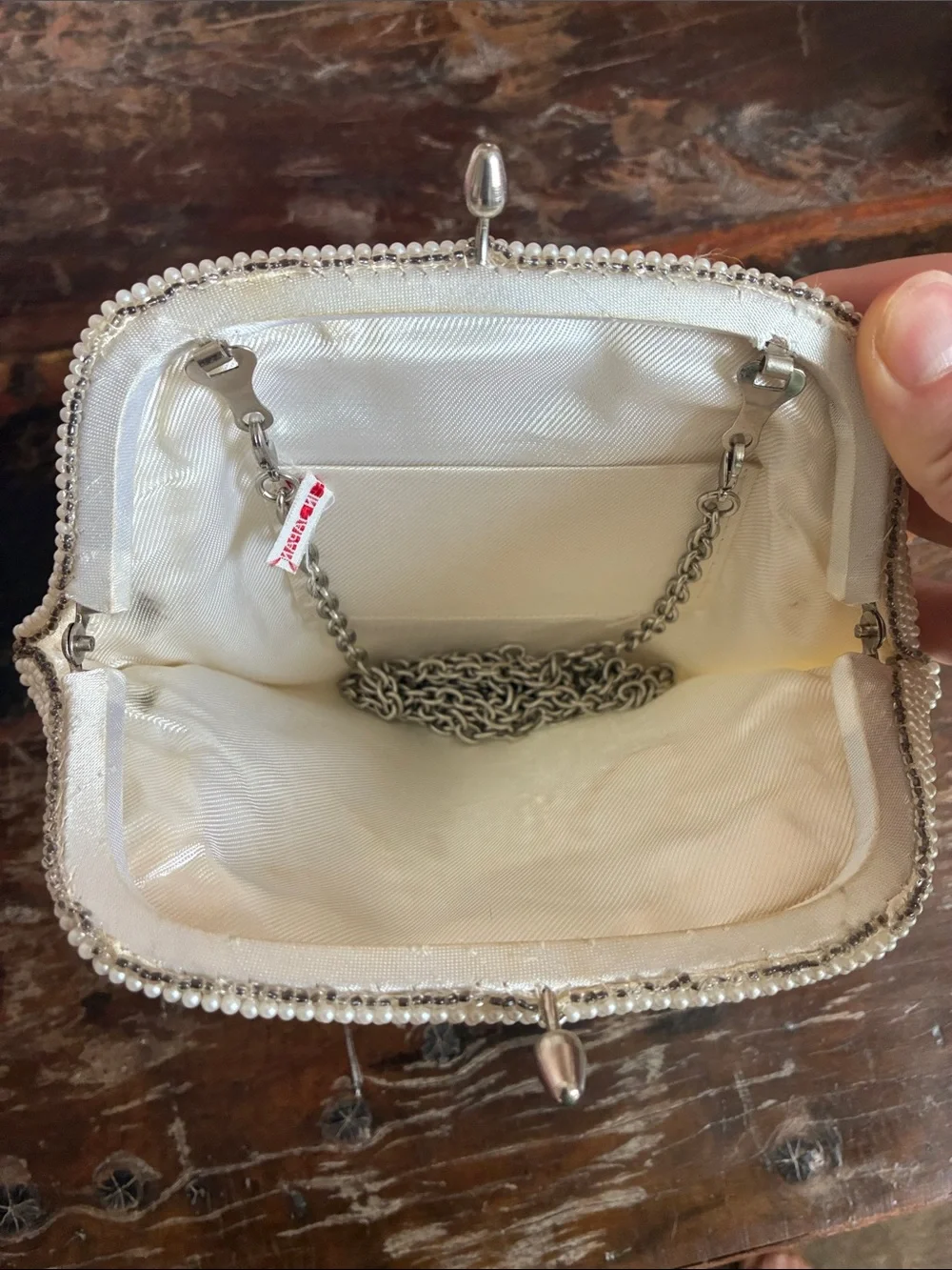 Beaded Pearl Evening Crossbody Bag with Silver Chain